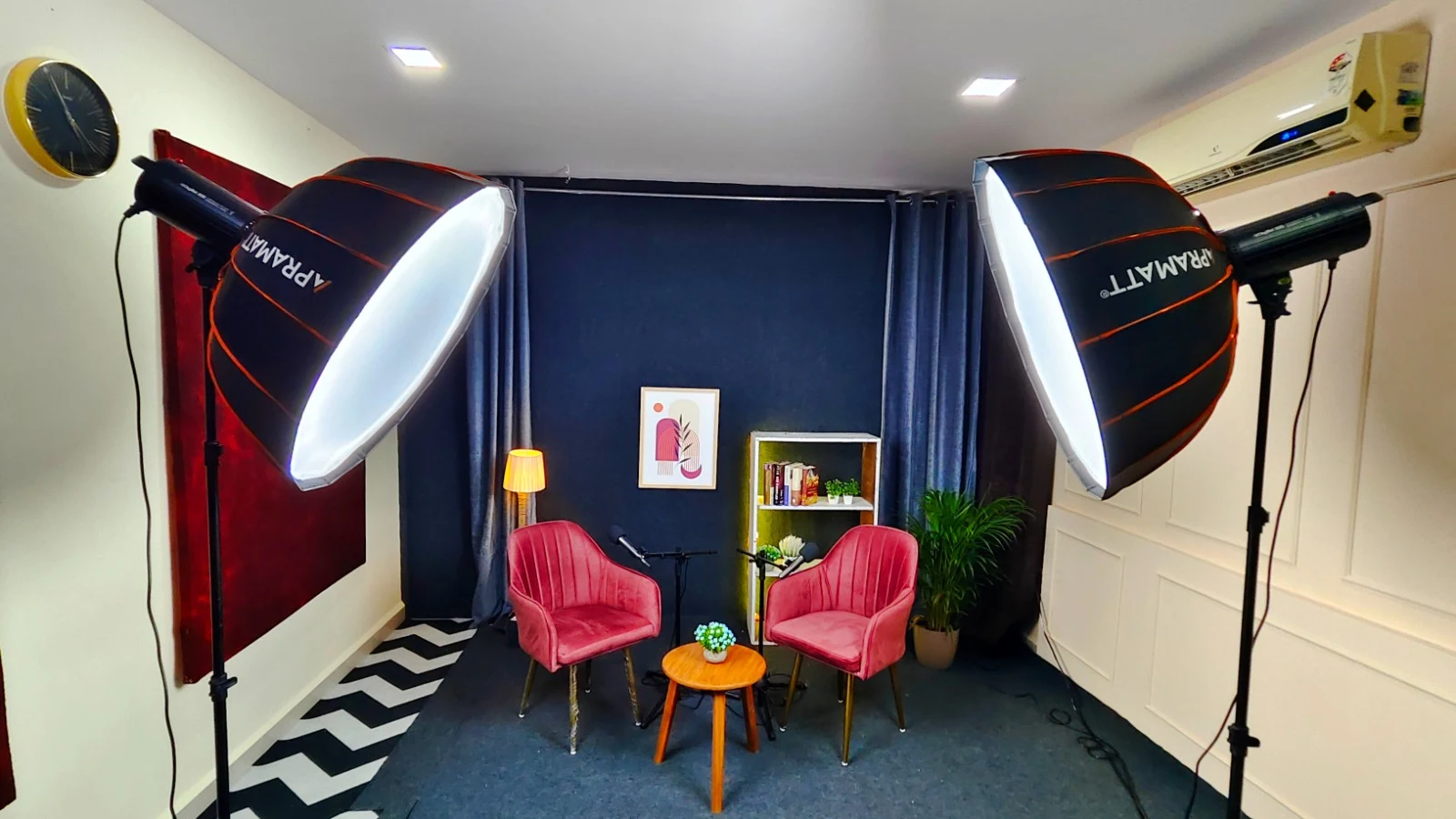 Mic and Minds professional podcast studio interior showing full lighting setup at Pratinidhi Media Solutions, Thane